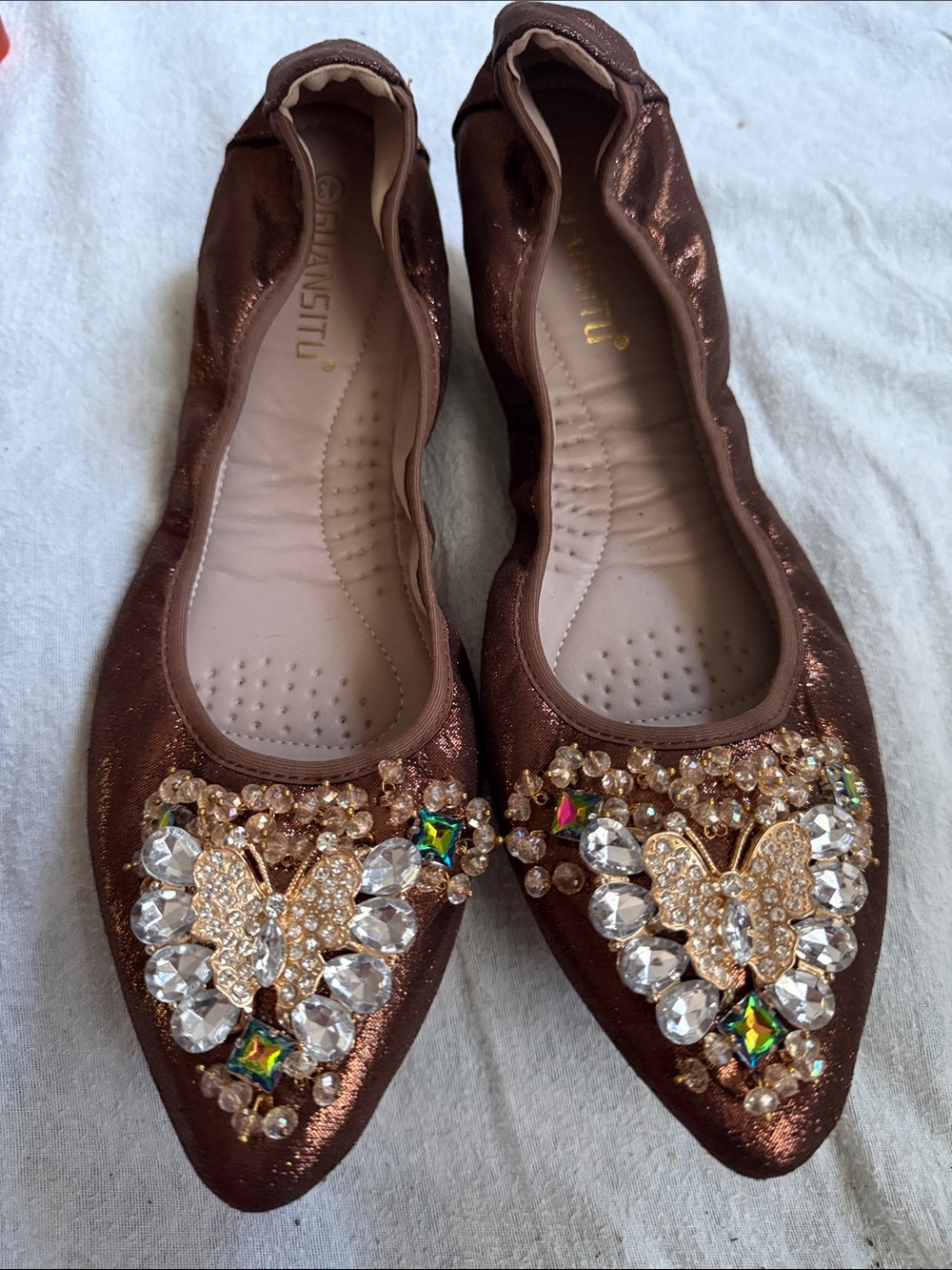 Women's Brown Embellished Pointed Ballet Flats -